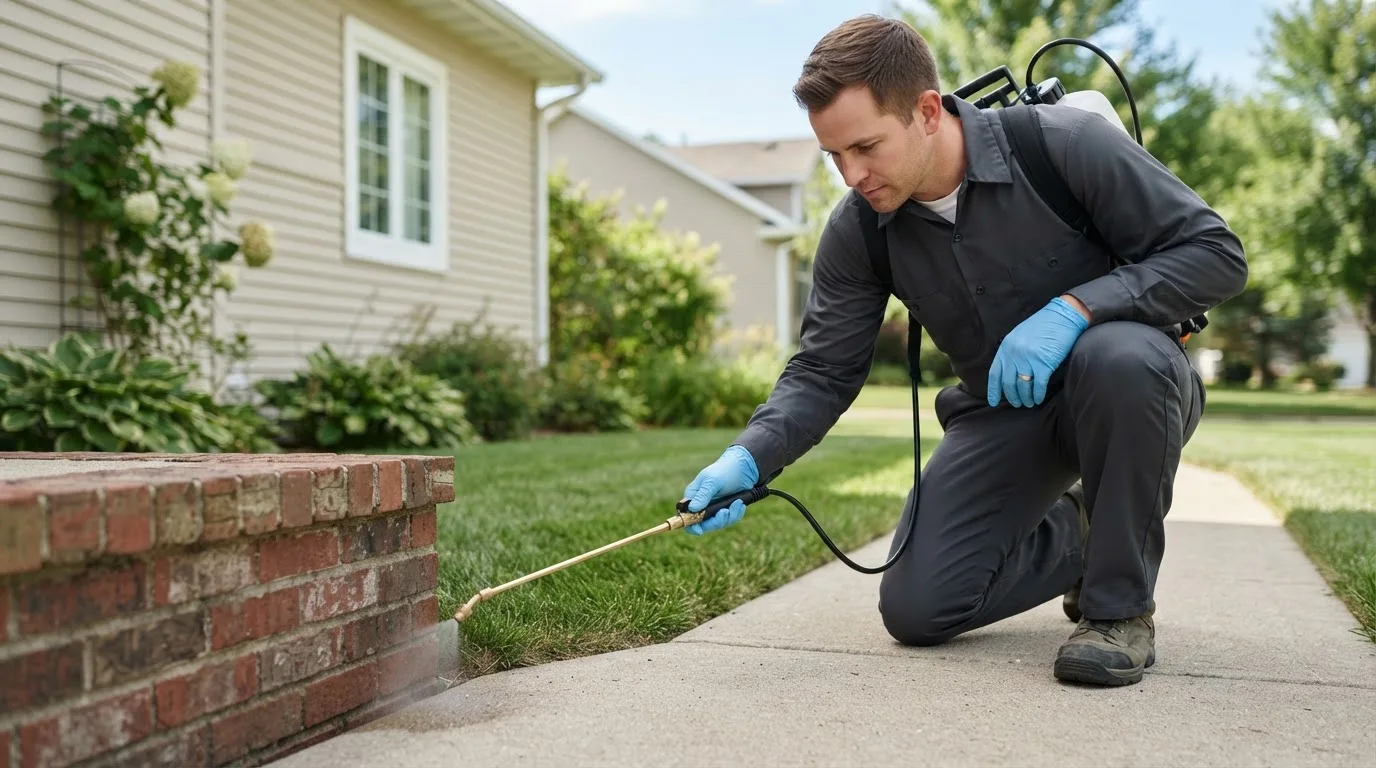 Pest control technician treating a home near Iliff, CO